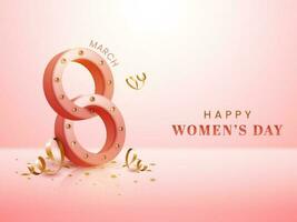 3D 8 Number Of March With Golden Curl Ribbons On Glossy Pink Background For Happy Women's Day Concept. vector