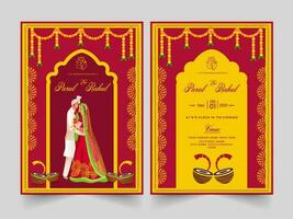 Indian Wedding Invitation Card With Event Details In Red And Yellow Color. vector