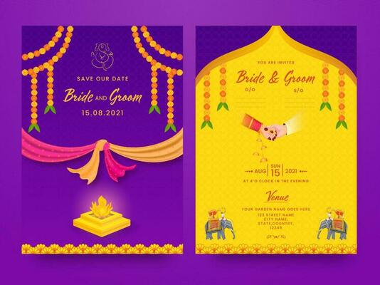 Indian Wedding Card Template Layout With Fire Pit On Purple Background.