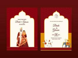 Wedding Invitation Card Template Layout With Indian Couple Character In Traditional Attire. vector