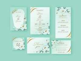 floral Boda invitación, menú, salvar el fecha, mesa número, amablemente respuesta o rsvp y gracias usted tarjeta en verde antecedentes. vector