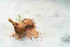 Himalayan pink salt is herb seasoning from himalaya and isolated on white abstract background with copy space photo