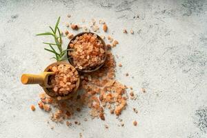 Himalayan pink salt is herb seasoning from himalaya and isolated on white abstract background with copy space photo