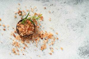 Himalayan pink salt is herb seasoning from himalaya and isolated on white abstract background with copy space photo