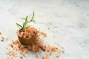 Himalayan pink salt is herb seasoning from himalaya and isolated on white abstract background with copy space photo