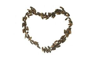 girasol semillas en el forma de un corazón en blanco antecedentes. foto