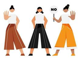 Cartoon Women Protesting And Stop Gesture On White Background. vector