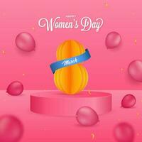 Paper Cut 8 Number Of March At 3D Podium With Glossy Balloons Decorated On Pink Background For Happy Women's Day. vector