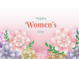 Happy Women's Day Greeting Card With Beautiful Flowers And Leaves Decorated On Glossy Pink Background. vector