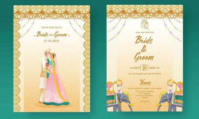 Elegant Wedding Invitation Card With Indian Bridegroom In Front And Back Side.