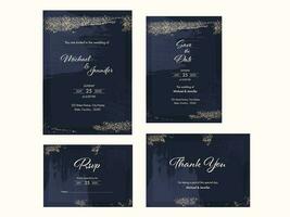 Wedding Invitation Suite With Brush Effect In Blue And Golden Color. vector