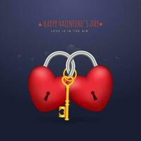 Happy Valentine's Day Concept With 3D Heart Shaped Padlocks And A Golden Key On Blue Background. vector