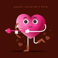 Pink Cartoon Heart Holding Bow Arrow On Brown Background For Happy Valentine's Day Concept. vector