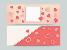 Paper Hearts Decorated On Red Background With Space For Text In Two Options. vector