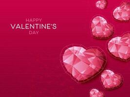 Happy Valentine's Day Concept With Top View Of 3D Crystal Hearts On Pink Polygon Tech Lines Background. vector