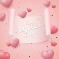 Happy Valentine's Day Scroll Paper With Glossy Hearts Decorated On Pink Background. vector