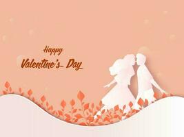 Happy Valentine's Day Font With Paper Cut Romantic Couple, Leaves And Wavy On Peach Background. vector