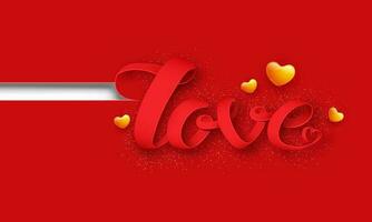 Curl Paper Love Font With Golden Glossy Hearts And Lights Effect On Red Background. vector