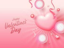 Glossy Pink Rays Background Decorated With Hearts, Ribbons And 3D Balls Or Sphere For Happy Valentine's Day. vector
