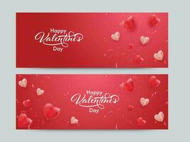 Happy Valentine's Day Font With Glossy Hearts And Confetti Decorated Red Background In Two Options. vector