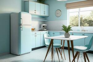 Kitchen interior design in modern mid century style and pale blue color. AI photo