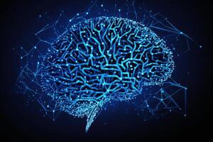 cerebro conexión red en azul neón resumen antecedentes. generaivo ai foto