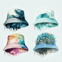 Set of watercolor bucket hats in colorful design photo