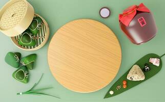 3D rendering Dragon Boat Festival background, there are traditional food dumplings, realgar wine, glutinous rice, salted egg yolk, etc., using 3D rendering photo