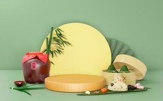 3D rendering Dragon Boat Festival background, there are traditional food dumplings, realgar wine, glutinous rice, salted egg yolk, etc., using 3D rendering photo