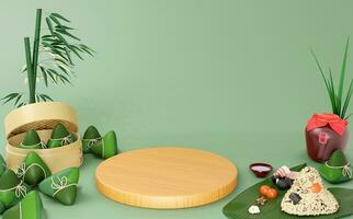 3D rendering Dragon Boat Festival background, there are traditional food dumplings, realgar wine, glutinous rice, salted egg yolk, etc., using 3D rendering photo