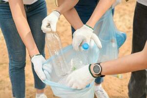 voluntarios desde el asiático juventud comunidad utilizando basura pantalones limpieza arriba naturaleza par foto