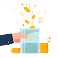 Business man take glass money jar full of gold coins. Save dollar coins in moneybox png