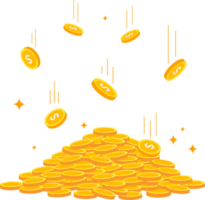 Gold coins falling on piles. Cash money pile.finance concept in flat style png