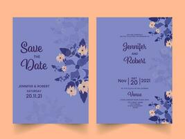 Floral Wedding Invitation Card And Save The Date Template In Blue color. vector