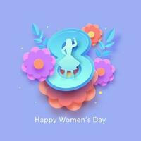 Paper Cut 8 Number With Silhouette Female, Flowers And Leaves Decorated On Blue Background For Happy Women's Day Concept. vector