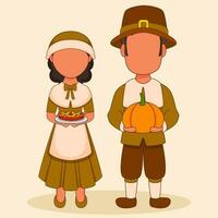 Pilgrim Couple Character Holding Pie Cake And Pumpkin In Standing Pose. vector