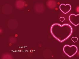 Happy Valentine's Day Concept With Neon Effect Hearts On Red Bokeh Background. vector