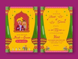 Wedding Card Template Design With Indian Couple Doing Namaste In Yellow Color. vector