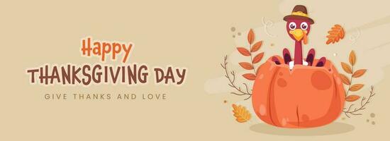 Happy Thanksgiving Day Banner Or Header Design With Turkey Bird Inside Pumpkin And Autumn Leaves On Brown Background. vector