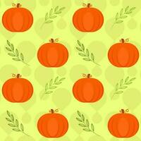 Green Droplet Pattern Background Decorate With Leaves And Pumpkins. vector