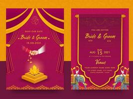 Indian Wedding Card Template With Fire Pit In Pink And Orange Color. vector