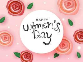 Happy Women's Day Font With Top View Of Paper Spiral Flower, Green Leaves Decorated On Pink Background. vector
