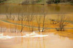 A lake contaminated with toxic waste in the western mountains of Romania. Nature pollution from copper mine. Ecological catastrophe or Environmental disaster photo