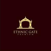 Gold luxury ancient gate logo design on red background vector