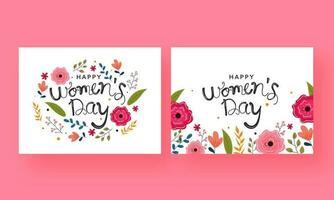 contento De las mujeres día fuente con flores, hojas decorado en blanco antecedentes en dos opciones vector