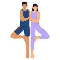 sin rostro joven Pareja haciendo namaste juntos en en pie pose. vector