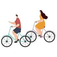 dibujos animados joven hombre y mujer montando bicicleta en blanco antecedentes. vector