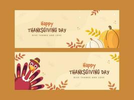 Happy Thanksgiving Day Banner Or Header Design With Turkey Bird, Pumpkins And Leaves In Two Options. vector