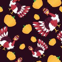 Seamless Turkey Birds And Paper Pumpkins Pattern Background. vector