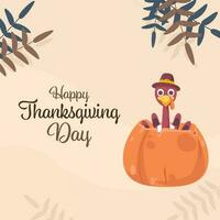 Happy Thanksgiving Day Font With Cartoon Turkey Bird Inside Pumpkin And Leaves On Peach Background. vector